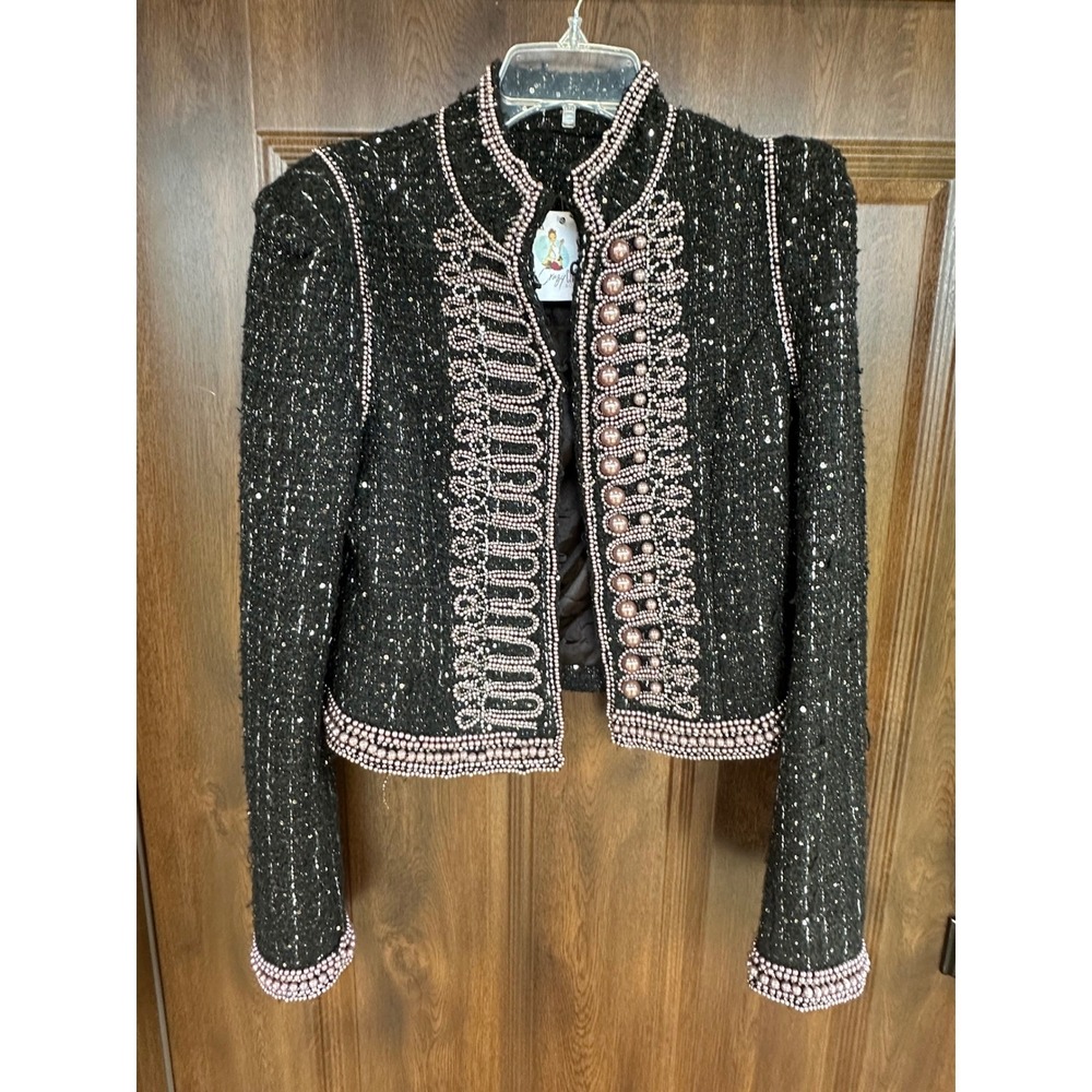 Women's Glam Beaded Military Style Cropped Jacket Black Tweed Sequin Pearl SizeM